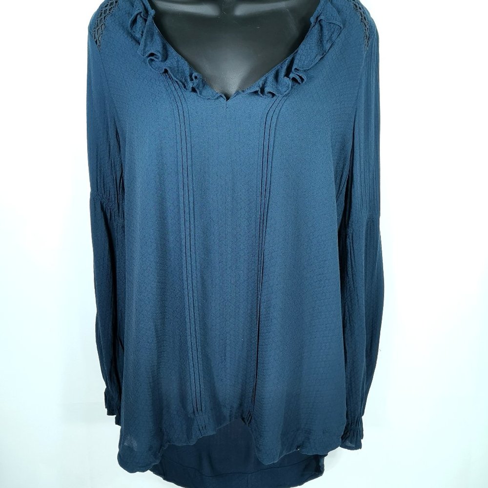 Free People Women's Top Blouse Size XS Royal Blue Ruffled V Neck Pull Over Hi Lo